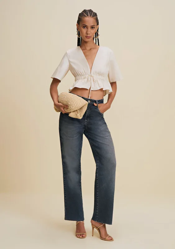 Blusa Solta Decote V Manga Curta Cropped Bege - Morena Rosa