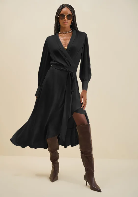 Vestido Morena Rosa Solto Decote Transpassado Manga Longa Midi Preto - Morena Rosa