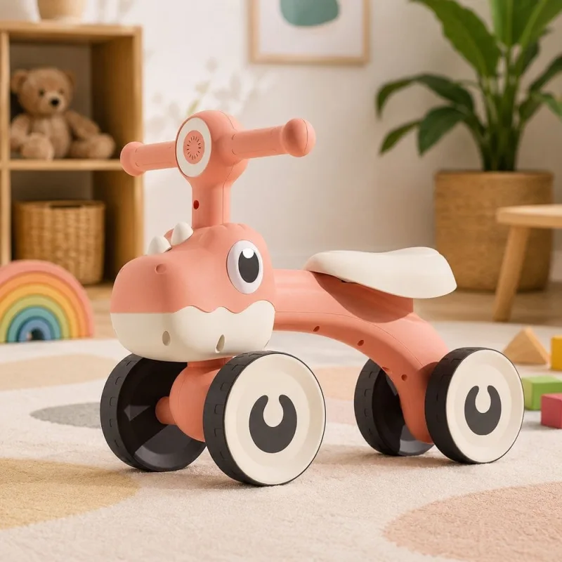 Balance Bike Dino Infantil com Luz e 4 Rodas Até 25kg - Marrom - Genérica - Brinquedos