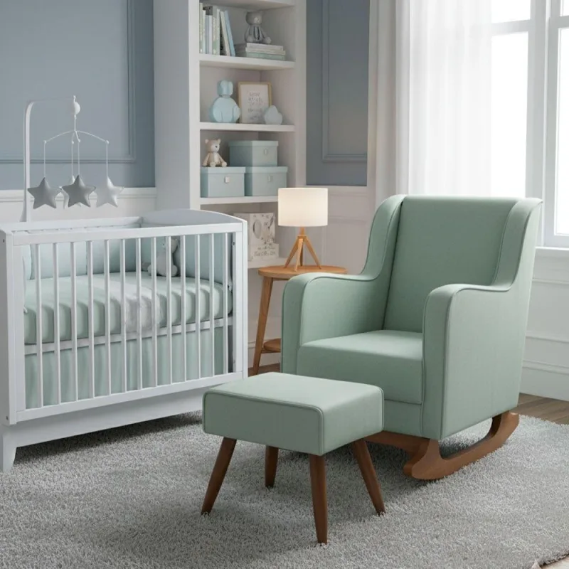Poltrona Amamentação Com Balanço Naná E Puff Veludo - Pallazio Cor Verde - OUTRAS