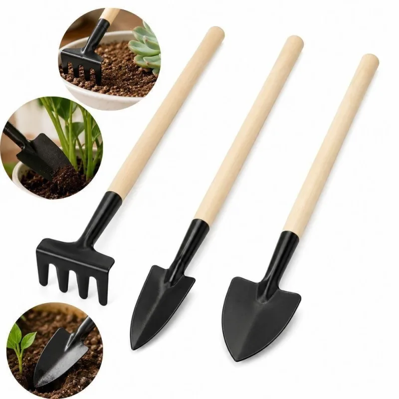 Kit Ferramentas 3 Peças com Mini Ancinho Pá Transplantadora e Pá de Jardinagem Cabo Madeira Yeet - OUTRAS - Agro