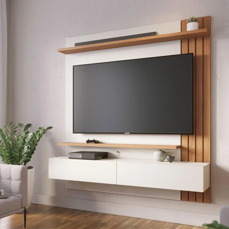 Painel Tv 65 Pol 150cm Bancada Suspensa Ripado Luca Off White Matte/freijó C04 - D'rossi - OUTRAS - Agro