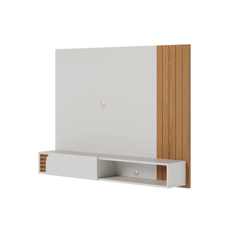 Painel Tv 55 Pol 136cm Bancada Suspensa Ripado Hanno C04 - D'rossi Cor Off White Matte E Freijó - OUTRAS - Agro