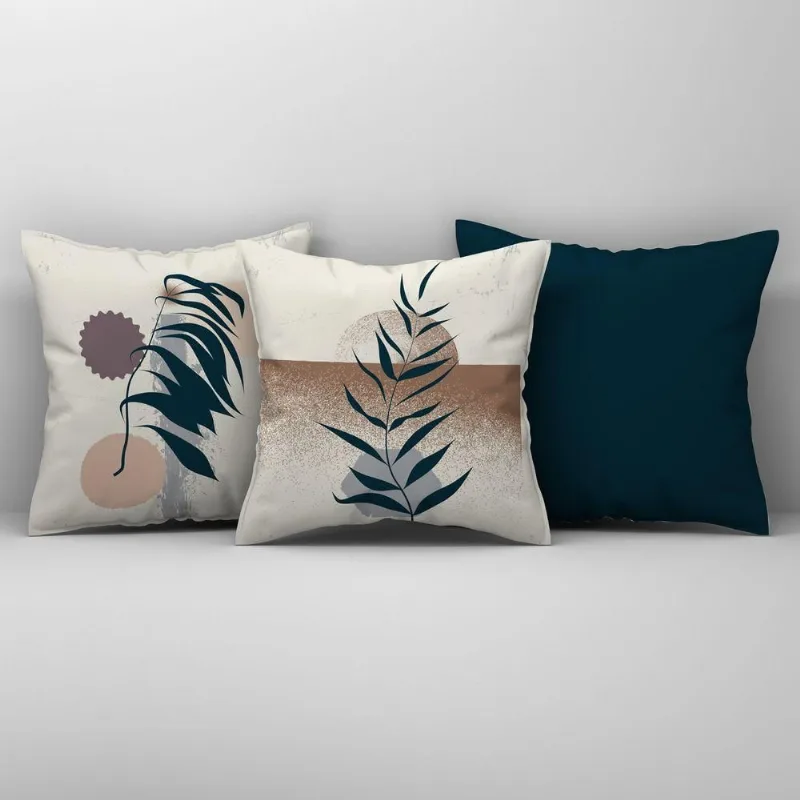 Kit Trio Capas De Almofadas Estampadas Folhas Em Veludo Suede 45cm X 45cm - Decoração Luxo Para Sala Cor Verde Escuro