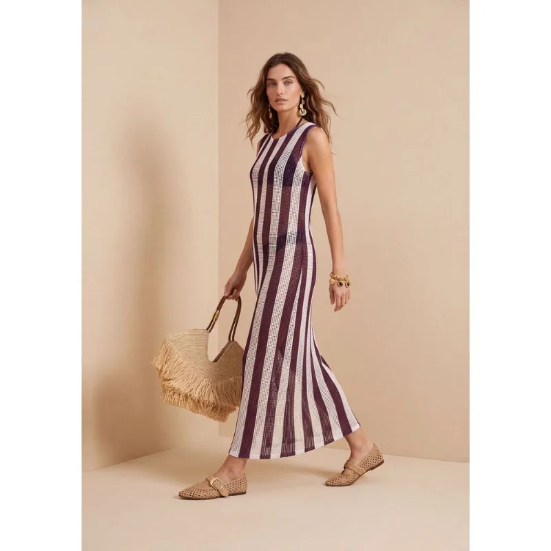 Vestido Morena Rosa Solto Decote Careca Sem Manga Midi Marrom M - Morena Rosa