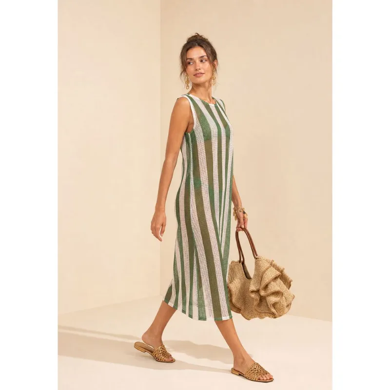 Vestido Morena Rosa Solto Decote Careca Sem Manga Midi Verde M - Morena Rosa