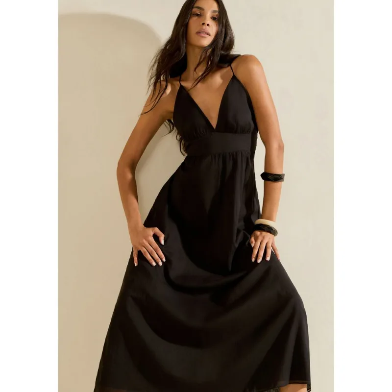 Vestido Morena Rosa Solto Decote V Com Alça Longo Preto M - Morena Rosa