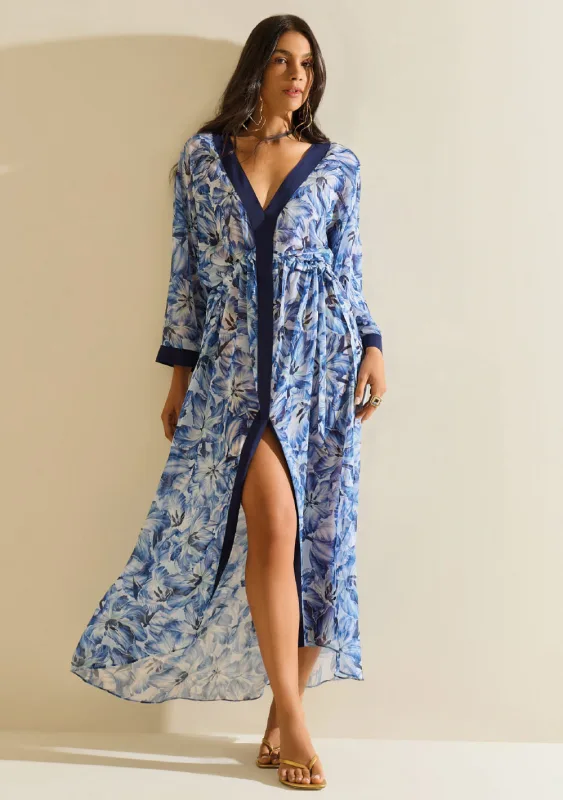Vestido Morena Rosa Solto Decote V Manga 7 Oitavos Midi Azul - Morena Rosa - Outlet