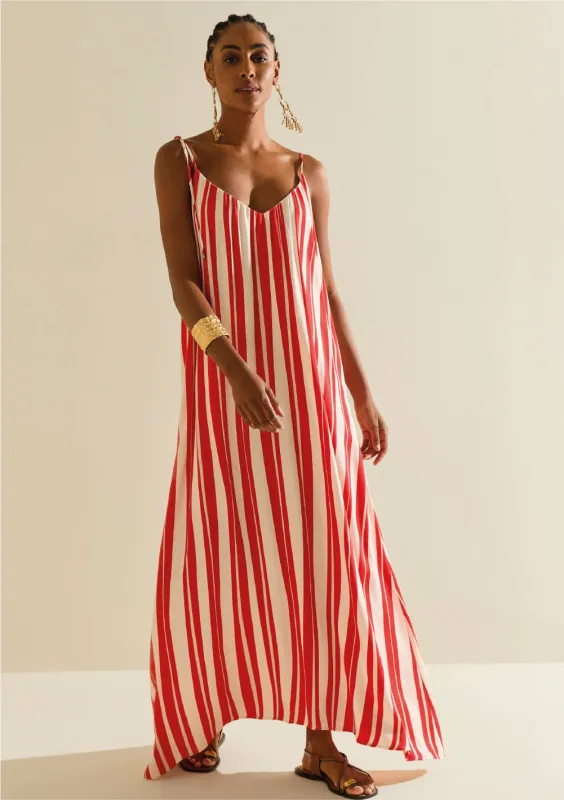Vestido Morena Rosa Solto Decote V Com Alça Longo Vermelho/Branco - Morena Rosa