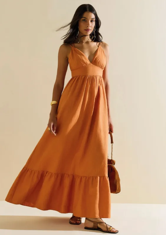 Vestido Morena Rosa Solto Decote V Com Alça Longo Laranja - Morena Rosa