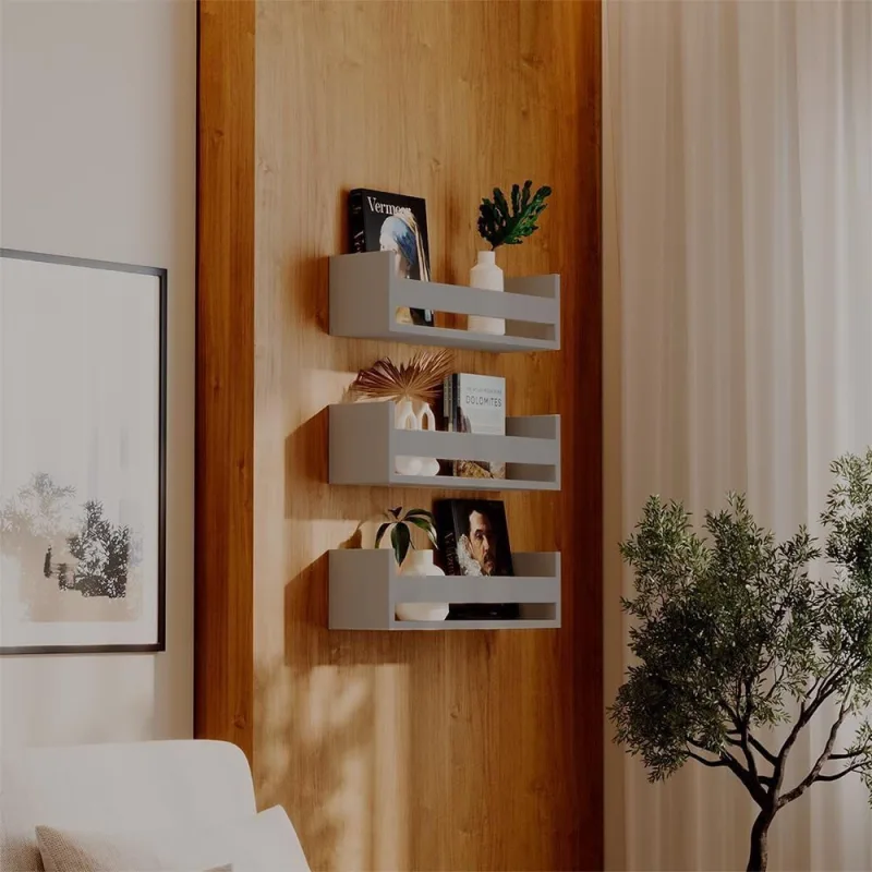Prateleira Kit 3 Porta Livros 70X12CM MDF Suporte Invisível Organizador Sala Cinza Claro - OUTRAS