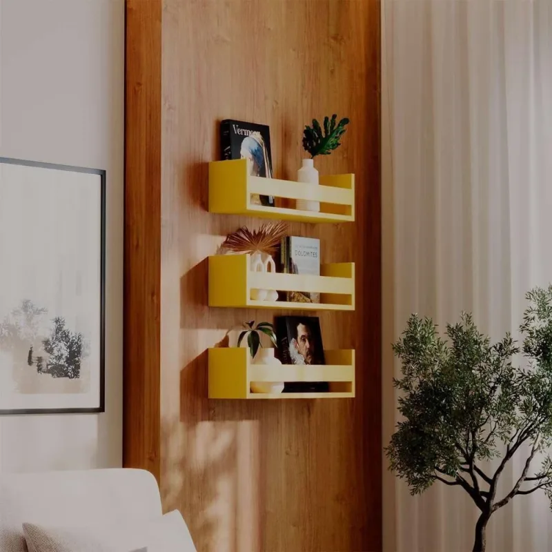 Prateleira Kit 3 Porta Livros 70X12CM MDF Suporte Invisível Organizador Moderno Amarelo Mercado - OUTRAS - Agro