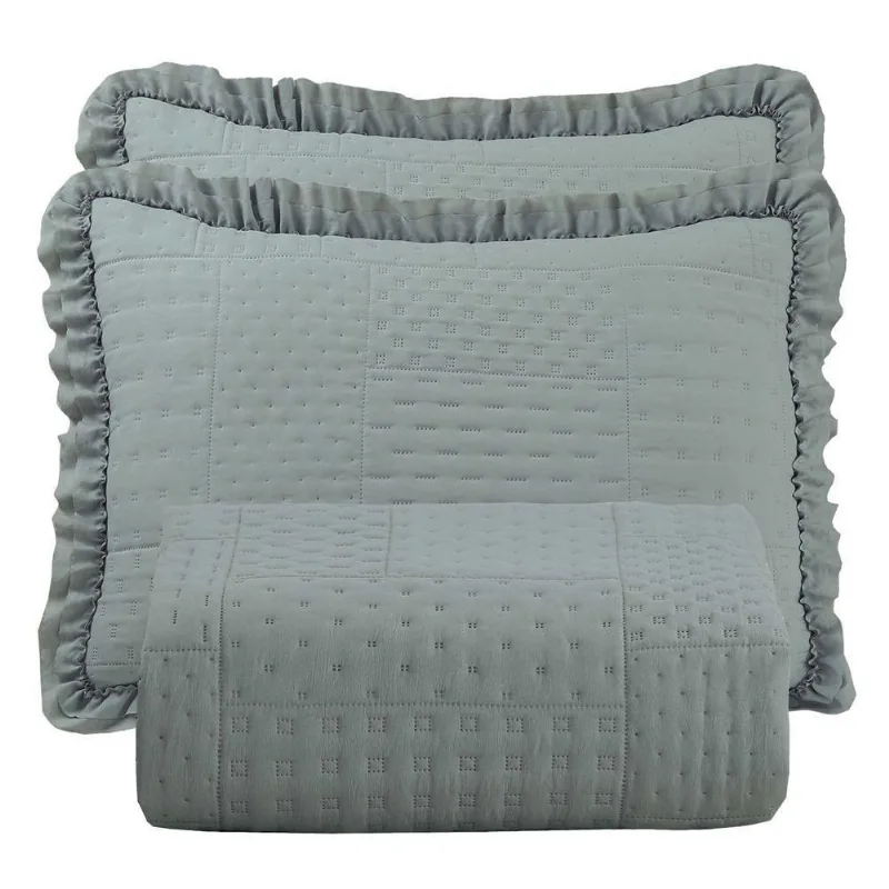 Colcha King Percal 300 Fios Babado Malvinni 3 Peças - Cinza - Casa Modelo Enxovais