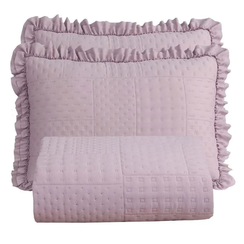 Colcha King Percal 300 Fios Babado Malvinni 3 Peças - Rose - Casa Modelo Enxovais
