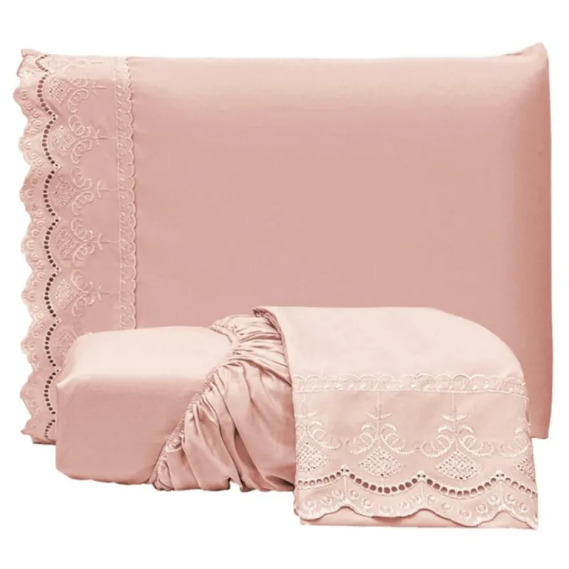 Jogo de Lençol Casal Padrão Bordado Ingles Micropercal 300 Fios Toque de Algodão 3 Peças - Rose - Casa Modelo Enxovais - Cama, Mesa E Banho