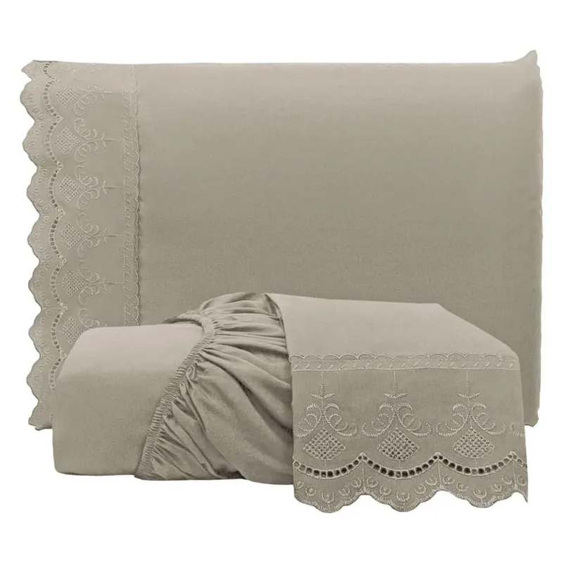 Jogo de Lençol Casal Padrão Bordado Ingles Micropercal 300 Fios Toque de Algodão 3 Peças - Fendi - Casa Modelo Enxovais - Cama, Mesa E Banho