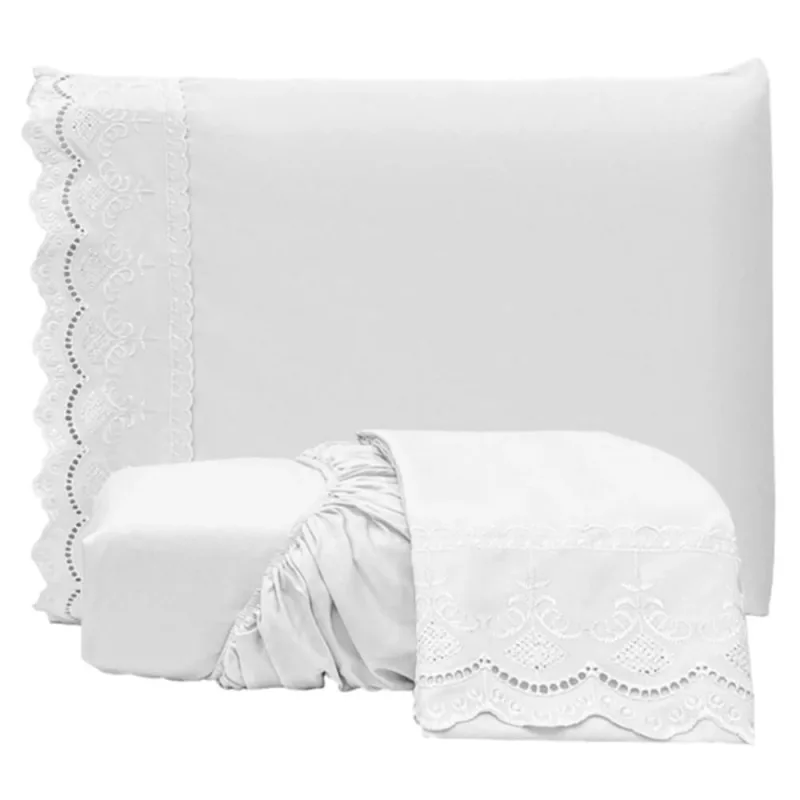 Jogo de Lençol Casal Padrão Bordado Ingles Micropercal 300 Fios Toque de Algodão 3 Peças - Branco - Casa Modelo Enxovais - Cama, Mesa E Banho
