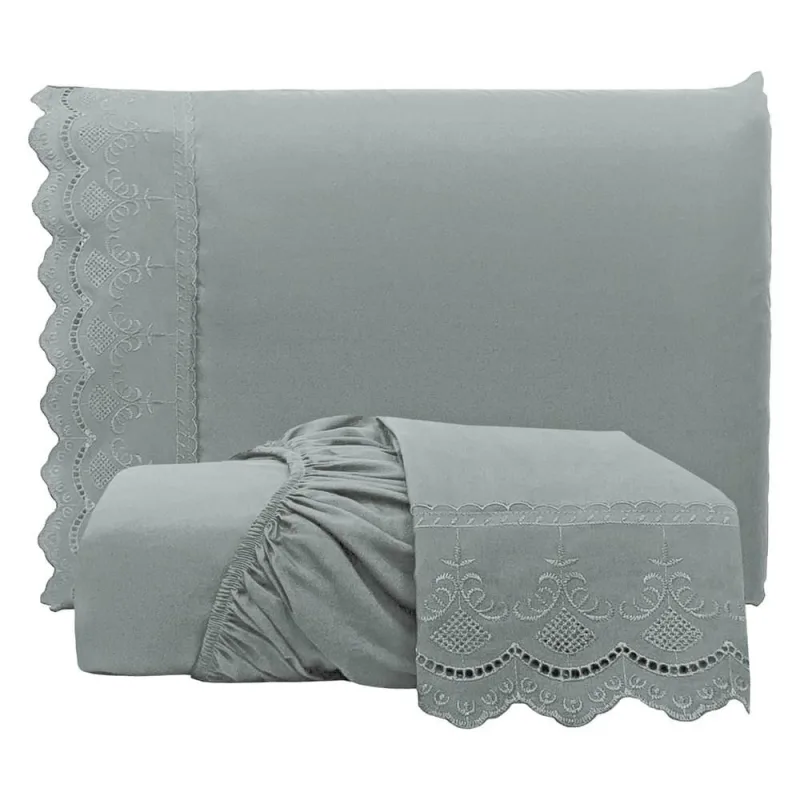 Jogo de Lençol Casal Padrão Bordado Ingles Micropercal 300 Fios Toque de Algodão 3 Peças - Chumbo - Casa Modelo Enxovais - Cama, Mesa E Banho