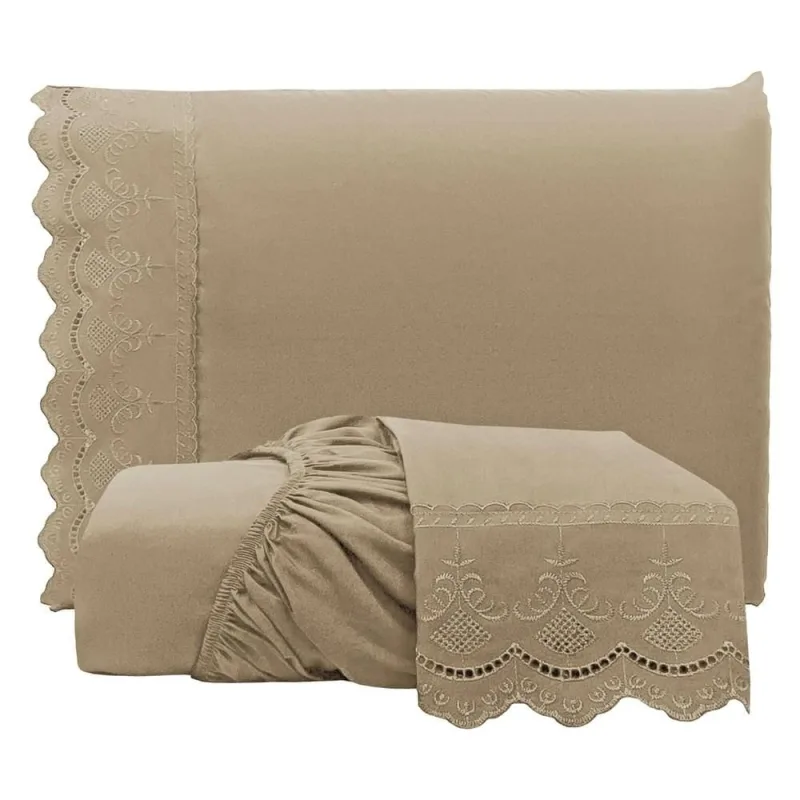 Jogo de Lençol Casal Padrão Bordado Ingles Micropercal 300 Fios Toque de Algodão 3 Peças - Chocolate - Casa Modelo Enxovais - Cama, Mesa E Banho