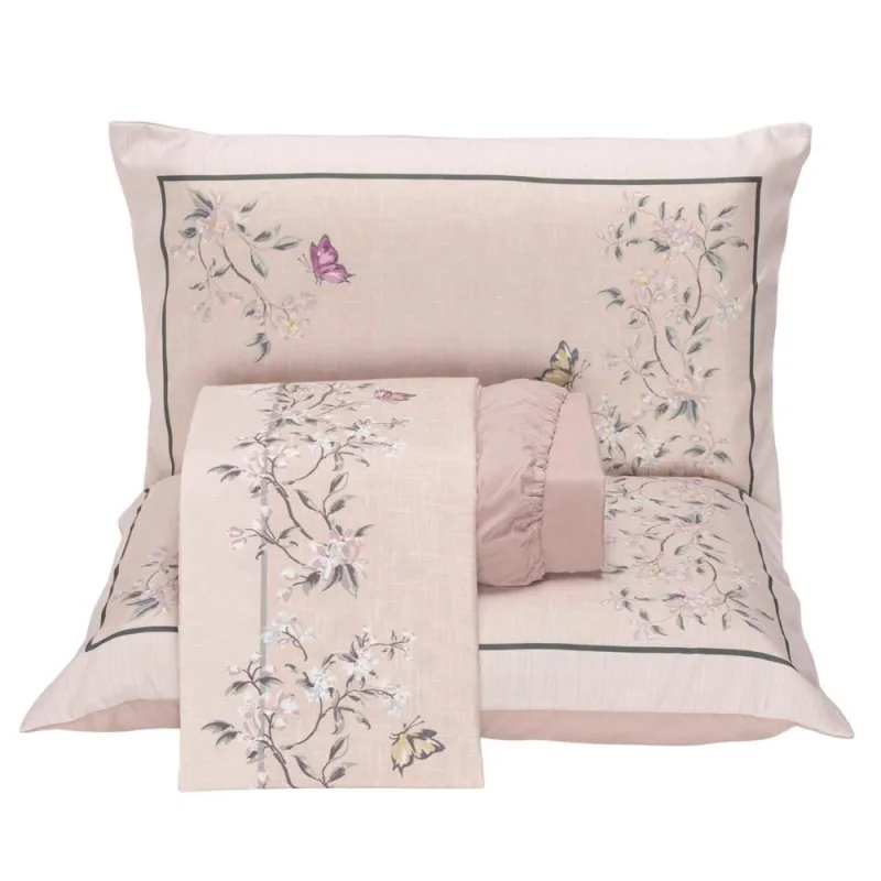 Jogo de Lençol Casal Padrão Micropercal 300 Fios Toque de Algodão 4 Peças - Ramo Malva - Casa Modelo Enxovais - Cama, Mesa E Banho