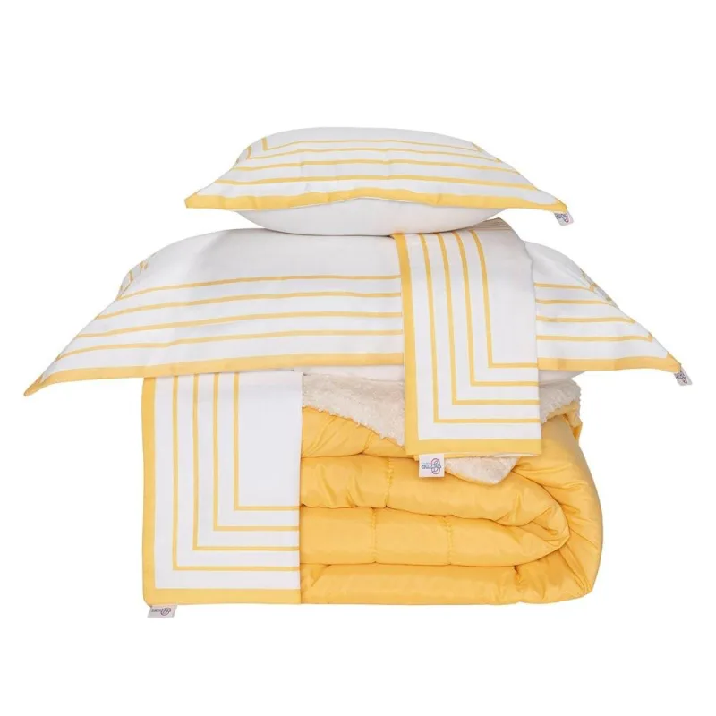 Kit Edredom Queen Coberdrom Soft Hipercal/Sherpa 5 Peças - Amarelo - 100% Poliéster - Casa Modelo Enxovais