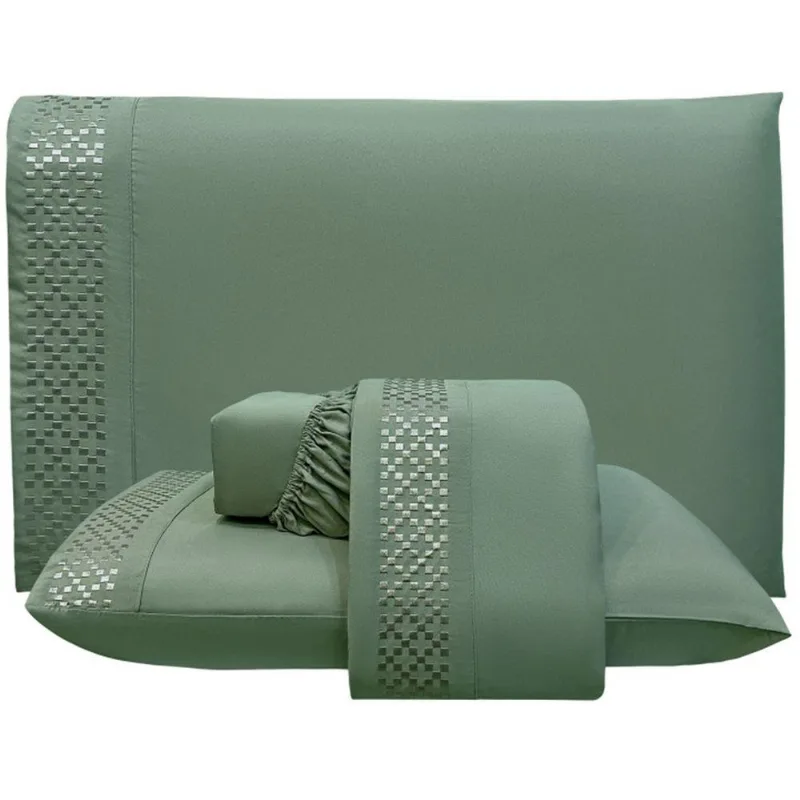 Jogo De Lençol Queen Quadratto Bordado 300 Fios Micropercal 4 Peças Verde - 100% Poliester - Casa Modelo Enxovais