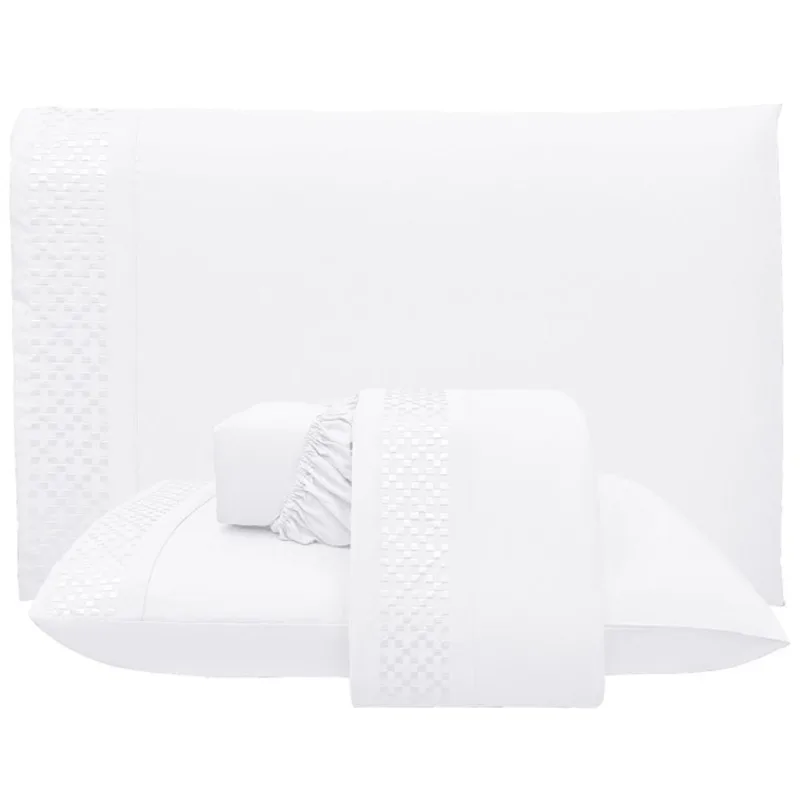Jogo De Lençol Queen Quadratto Bordado 300 Fios Micropercal 4 Peças Branco - 100% Poliester - Casa Modelo Enxovais