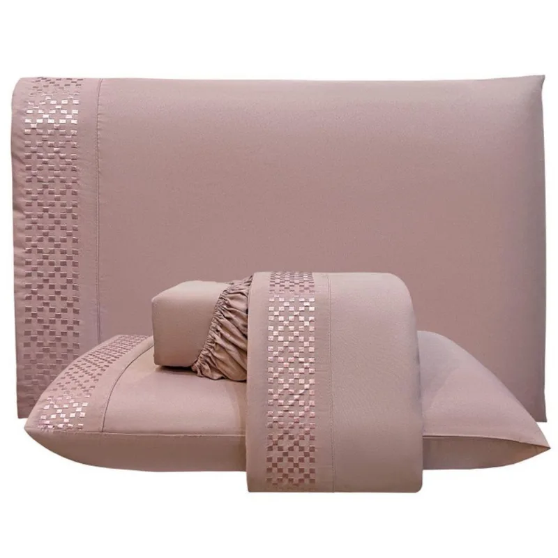Jogo De Lençol Casal Quadratto Bordado 300 Fios Micropercal Toque De Algodão 4 Peças - Rose - 100% Poliéster - Casa Modelo Enxovais