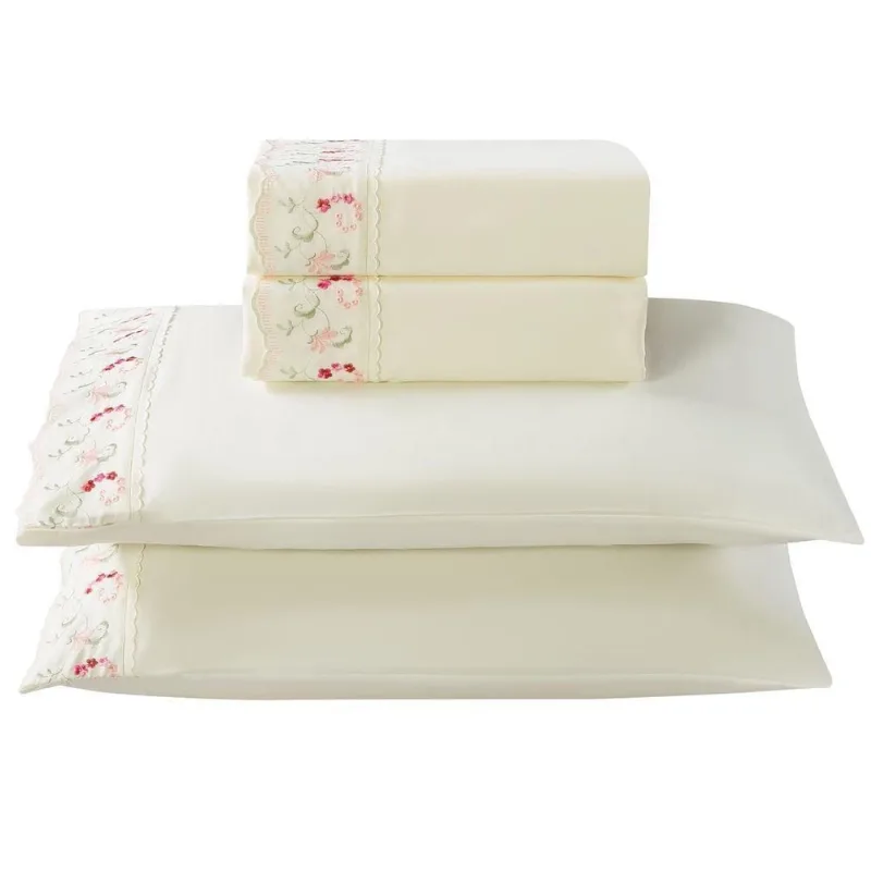 Jogo De Lençol Casal Essenza 300 Fios Micropercal Bordado 4 Peças Palha Ramo Vermelho - Casa Modelo Enxovais