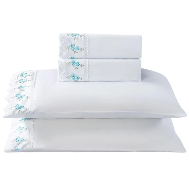 Jogo De Lençol Casal Essenza 300 Fios Micropercal Bordado 4 Peças Branco Ramo Azul - Casa Modelo Enxovais