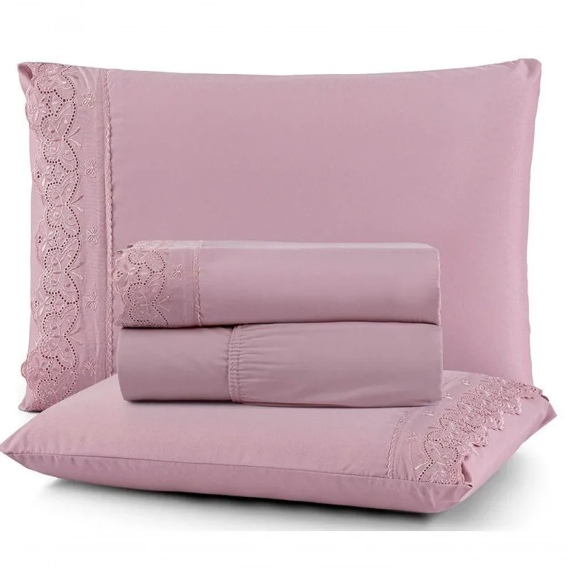 Jogo De Lençol Queen Nupcias 200 Fios Micropercal Bordado Borboleta 4 Pcs Malva - Casa Modelo Enxovais