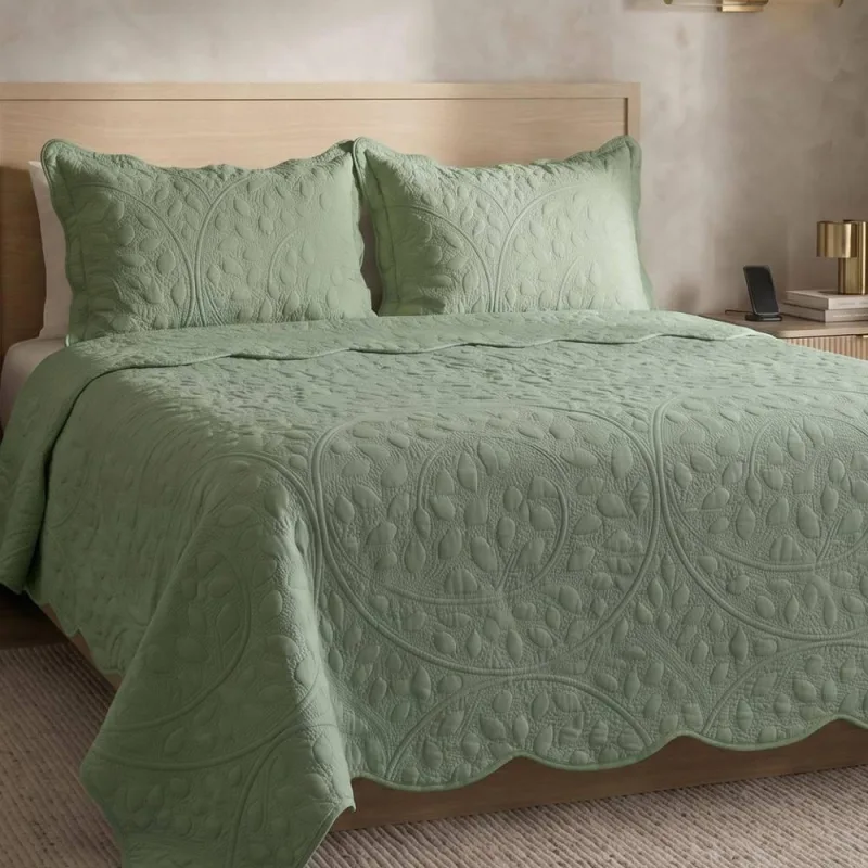 Cobre Leito King Vintage Micropercal 300 Fios 3 Peças - Verde- 100% Poliéster - Casa Modelo Enxovais