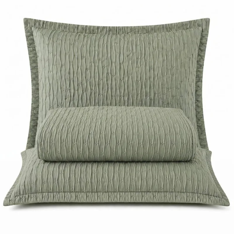 Cobre Leito Casal Elegance Plissado Percal 300 Fios 03 Peças - Verde Oliva - 100% Poliéster - Casa Modelo Enxovais