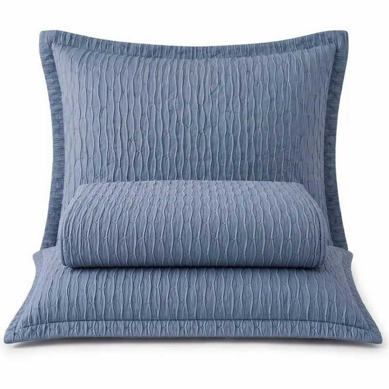 Cobre Leito King Elegance Plissado Percal 300 Fios 03 Peças - Azul - 100% Poliéster - Casa Modelo Enxovais