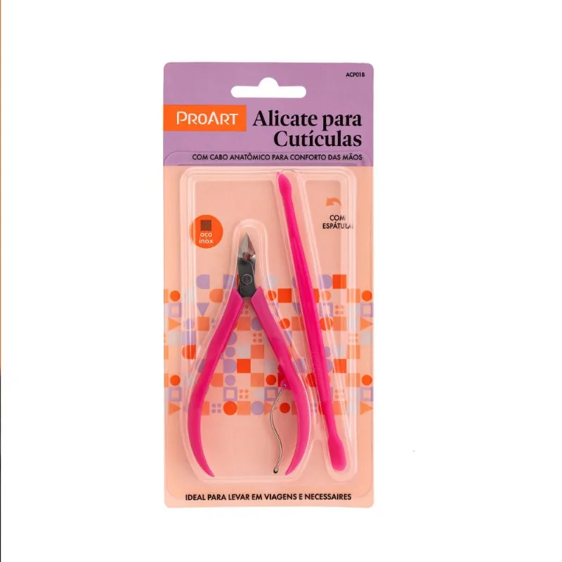 Alicate de Cutícula ProArt Cabo Plástico Rosa com Espátula Alicate Proart Plast.Rosa