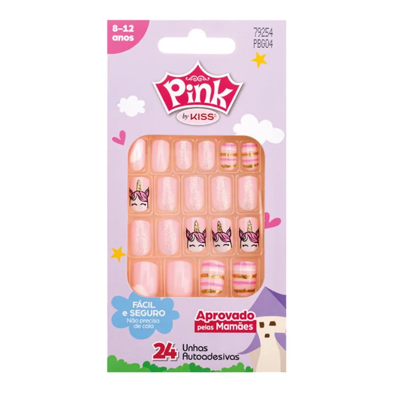 Unha Postiça Infantil Autoadesiva Kiss New York Unicorn Pink 24 Unidades