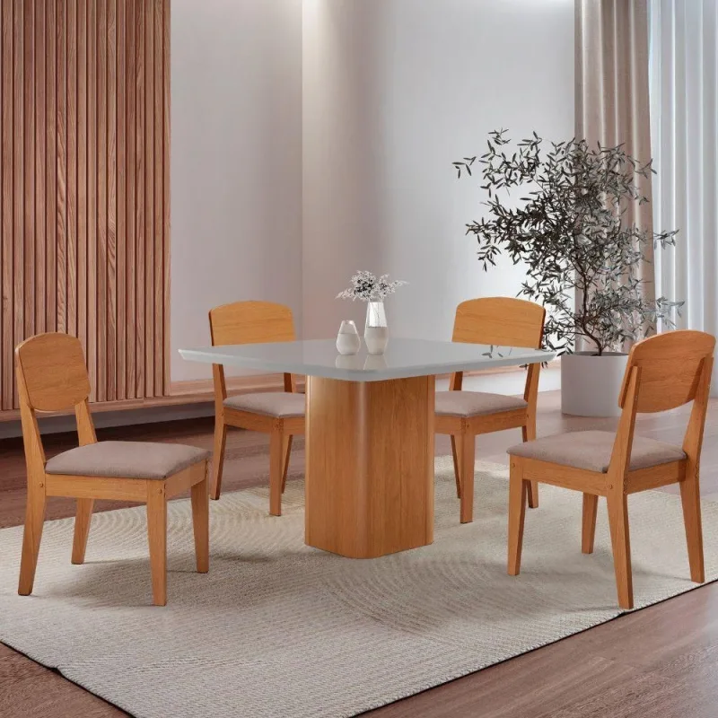 Mesa De Jantar Eloise  Tampo Mdf 4 Cadeiras Copper Linho - Moderna