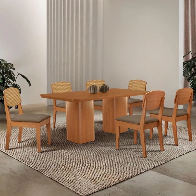 Mesa De Jantar Eloise 180cm Tampo Mdf 6 Cadeiras naturalle - Moderna - Móveis