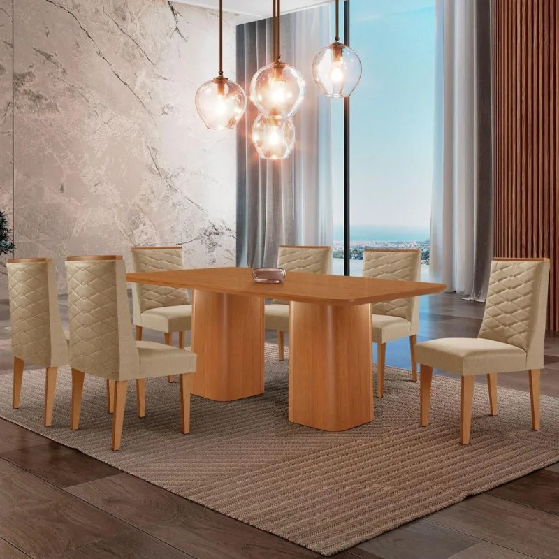 Mesa De Jantar Eloise 180cm Tampo Mdf 6 Cadeiras naturale. - Moderna