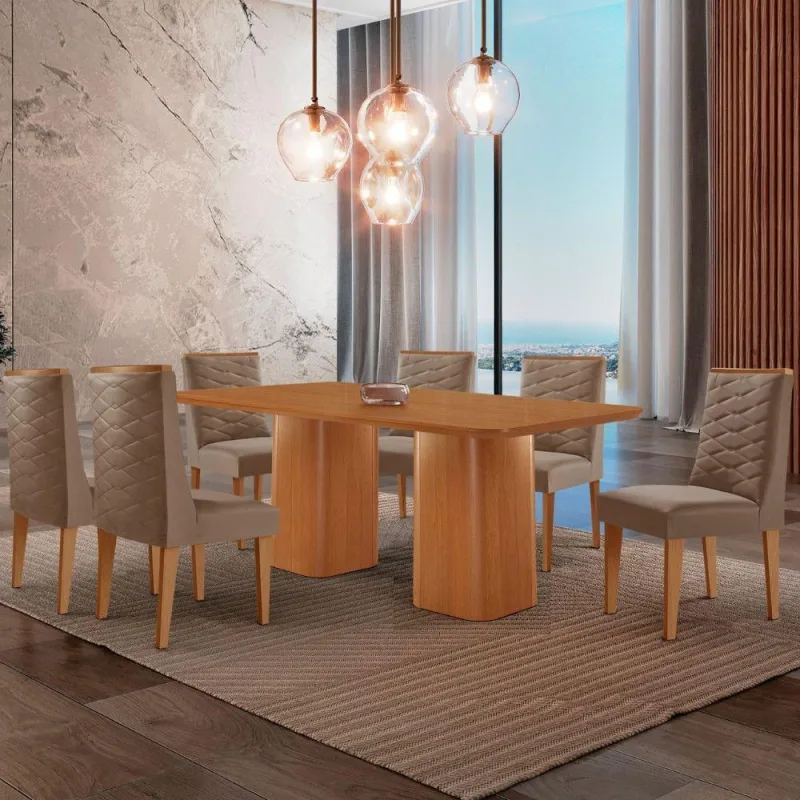 Mesa De Jantar Eloise Tampo Mdf 6 Cadeiras Moderna Veludo - Moderna