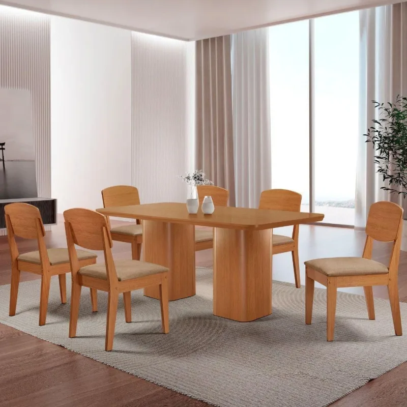 Mesa De Jantar Eloise 180cm Tampo Mdf 6 Cadeiras naturale - Moderna