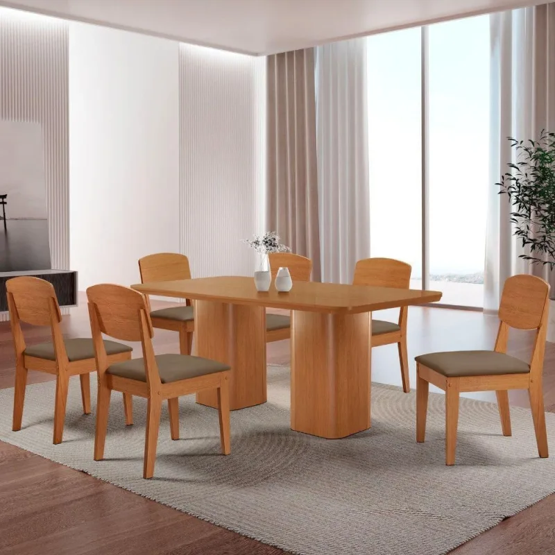 Mesa De Jantar Eloise 180cm Tampo Mdf 6 Cadeiras Capuccino - Moderna
