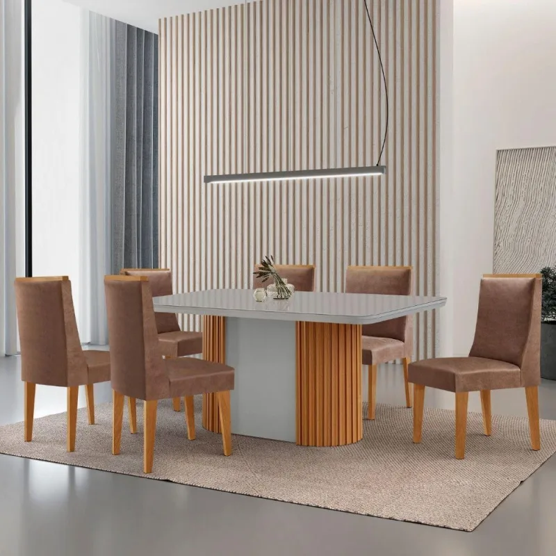 Mesa De Jantar Aspen  Tampo Mdf E Vidro 6 Cadeiras Lisboa - Moderna