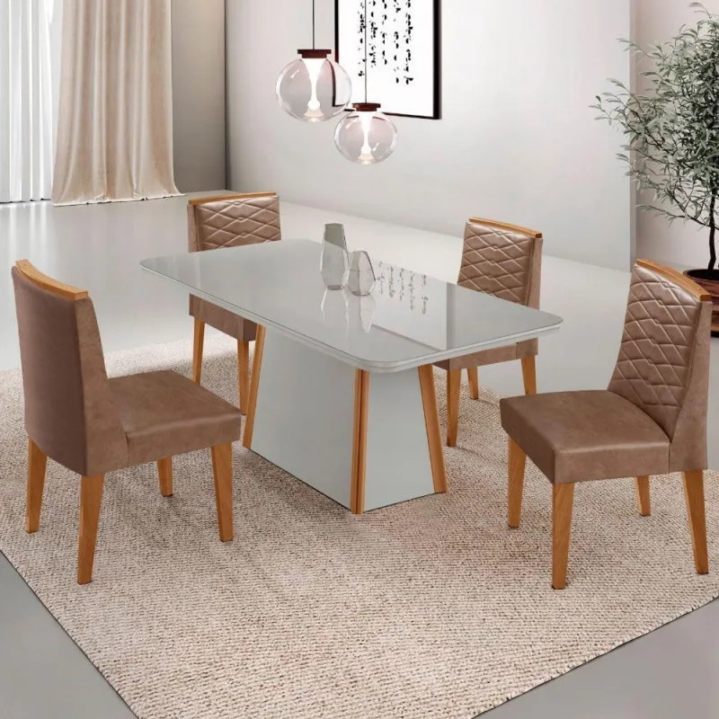 Mesa De Jantar Diane 120cm Tampo Mdf Vidro Cadeiras Eloise - moderna - Móveis