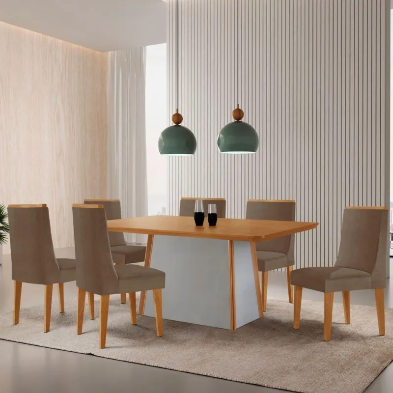 Mesa De Jantar Diane 180cm Tampo Mdf Lam-6 Cadeiras Lisboa - Moderna