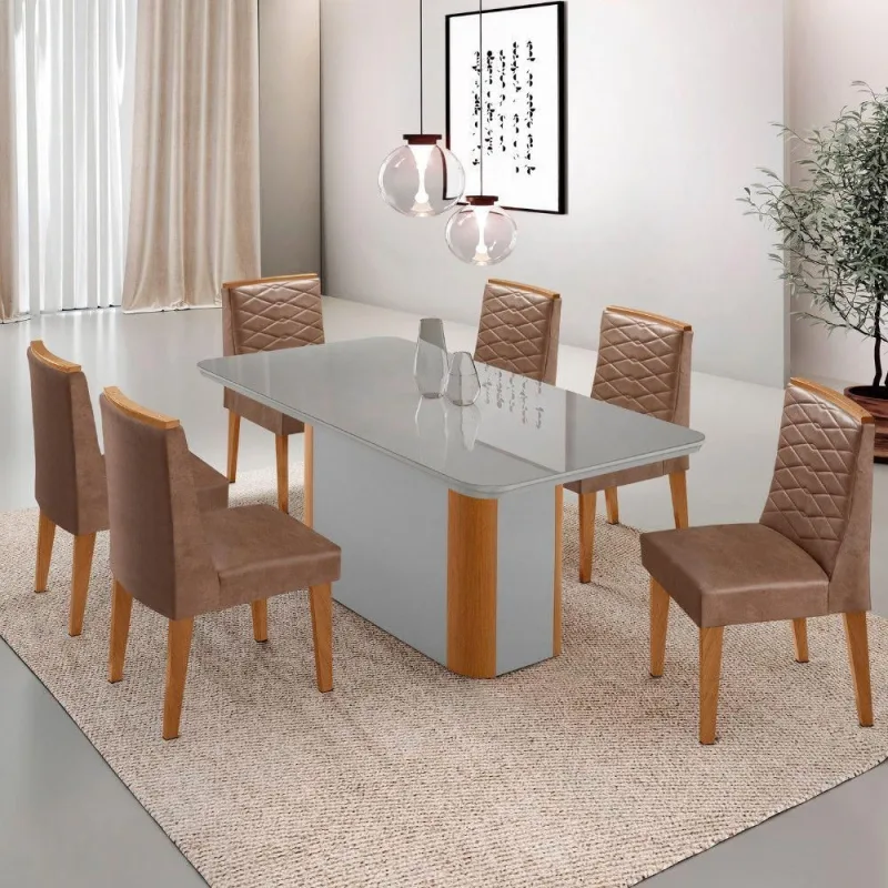 Mesa De Jantar Isadora 180cm Tampo Mdf Vidro-6 Cadeiras - moderna - Móveis