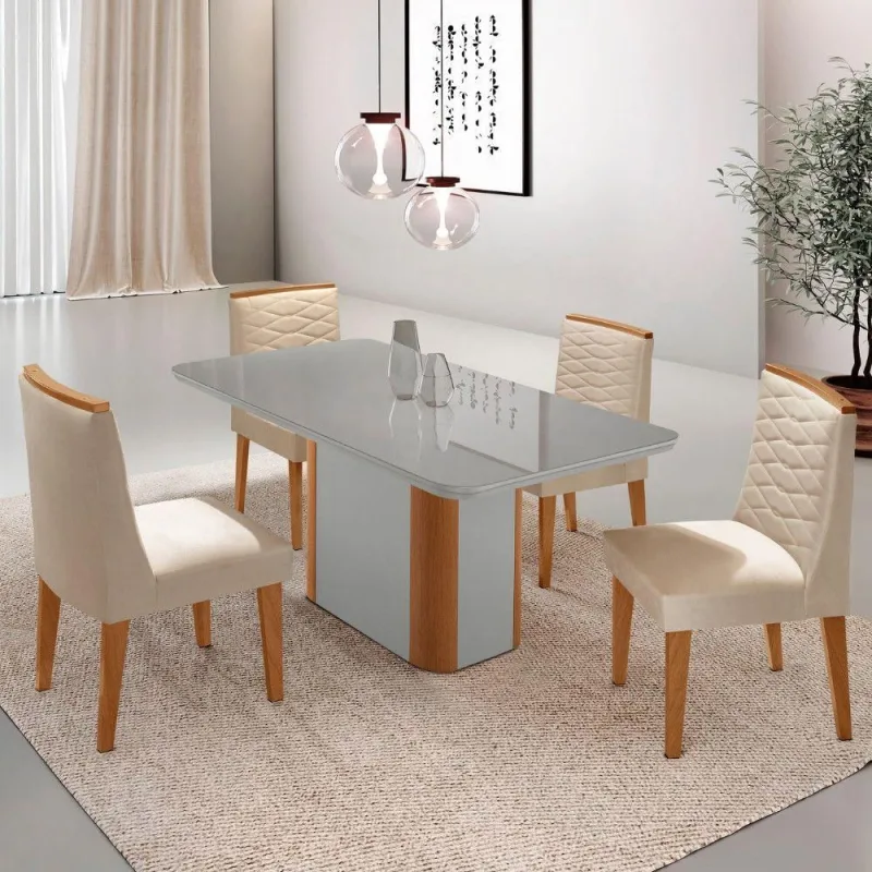 Mesa De Jantar Isadora 120cm Tampo Mdf Vidro 4 Cadeiras - Moderna
