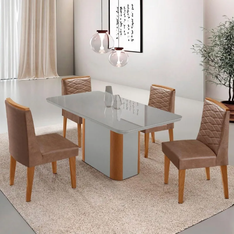 Mesa De Jantar Isadora 120cm Tampo Mdf Vidro- 4 Cadeiras. - Moderna
