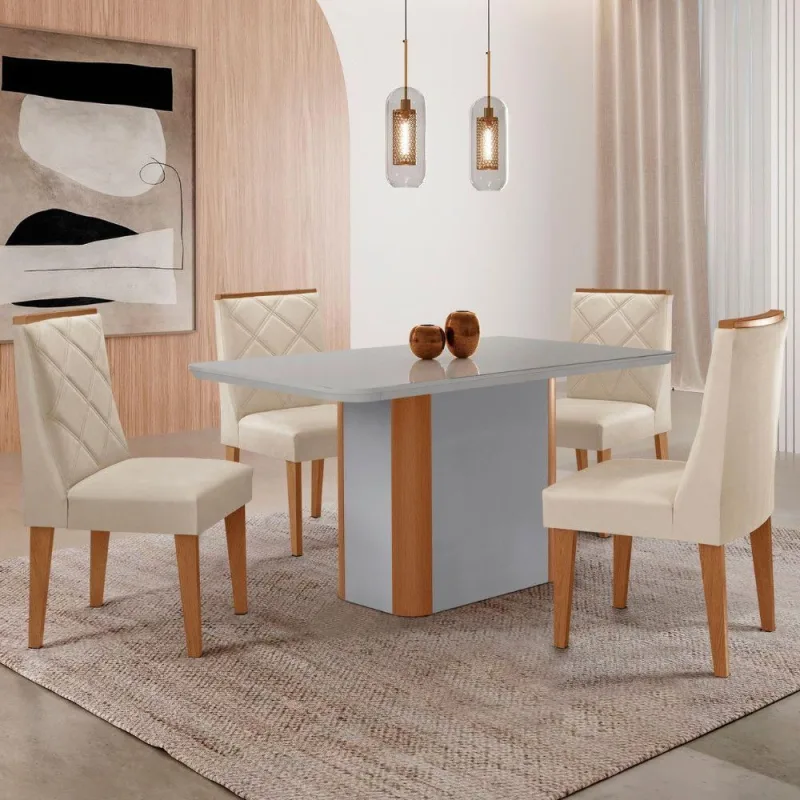 Mesa De Jantar Isadora 120cm Tampo Mdf Vidro 4 Cadeiras - Moderna