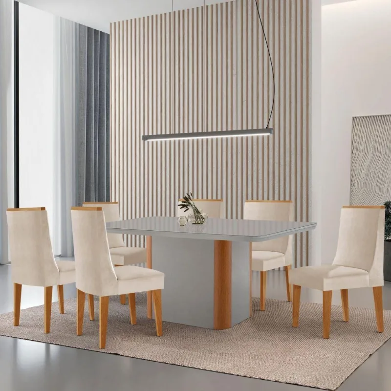 Mesa De Jantar Isadora 180cm Tampo Mdf Vidro 6 Cadeiras - Moderna